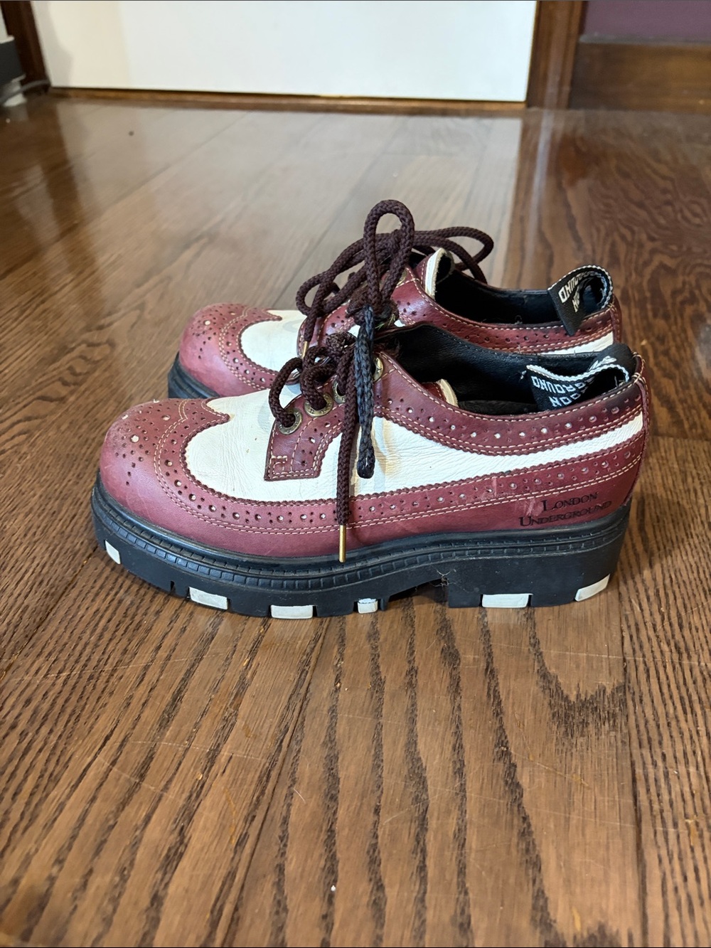 London Underground Two-Tone Brown and White Brogue platform loafers 6.5
